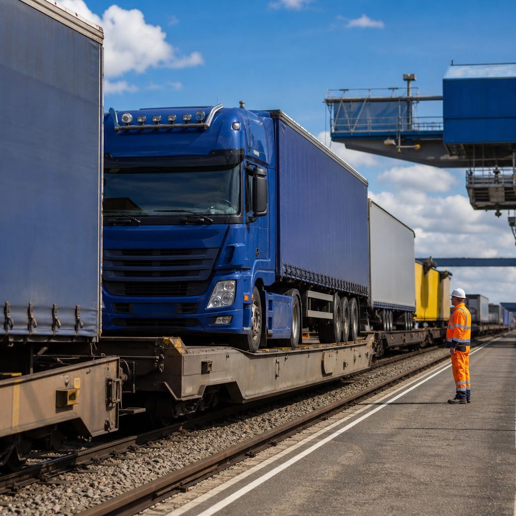 Huckepack-Verkehr Ein Bild zum Thema Huckepack-Verkehr im Transport, Logistik, Mobilität Kontext